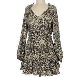 Skies Are Blue Leopard Print Ruched Tiered Ruffle Mini Dress Tan Black Womens L